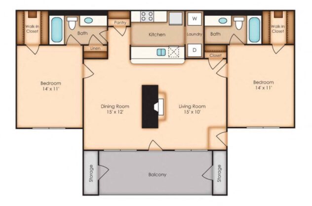 Rendering of the Brook (B1) floor plan with 2 bedroom[s] and 2 bathroom[s] at Windsor Oak Creek