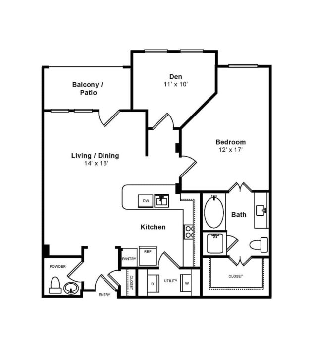 Rendering of the Buena Vista floor plan with 1 bedroom[s] and 1.5 bathroom[s] at The Monterey by Windsor