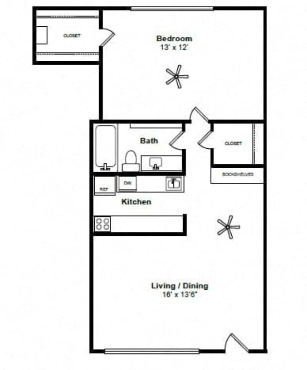 Rendering of the Burgandy floor plan with 1 bedroom[s] and 1 bathroom[s] at Allen House Apartments