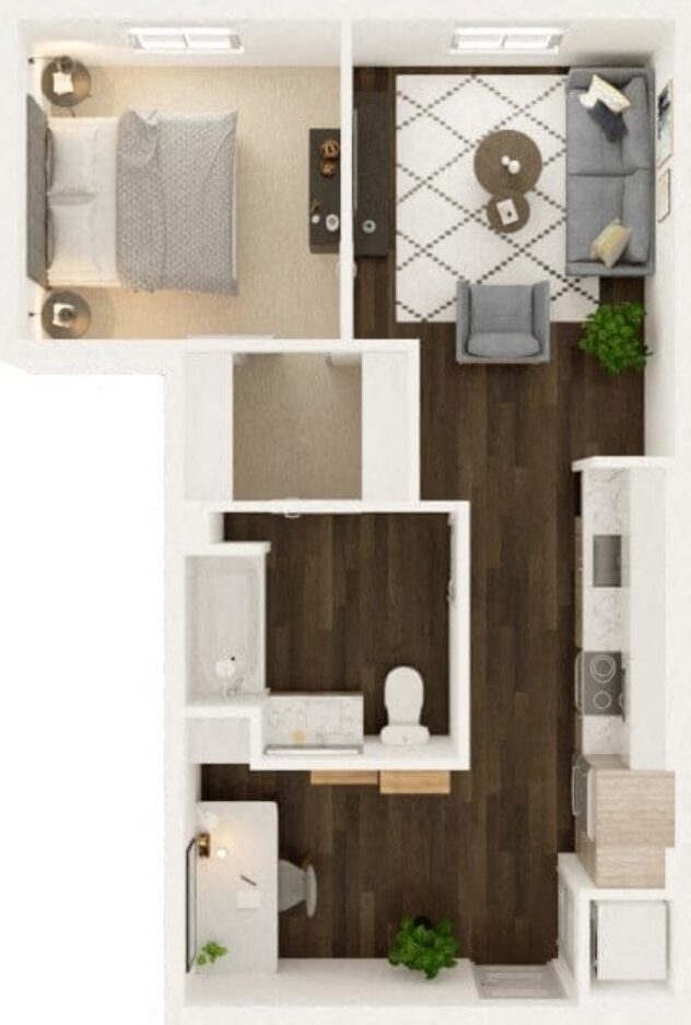 Rendering of the Butte floor plan with 1 bedroom[s] and 1 bathroom[s] at Windsor Totem Lake