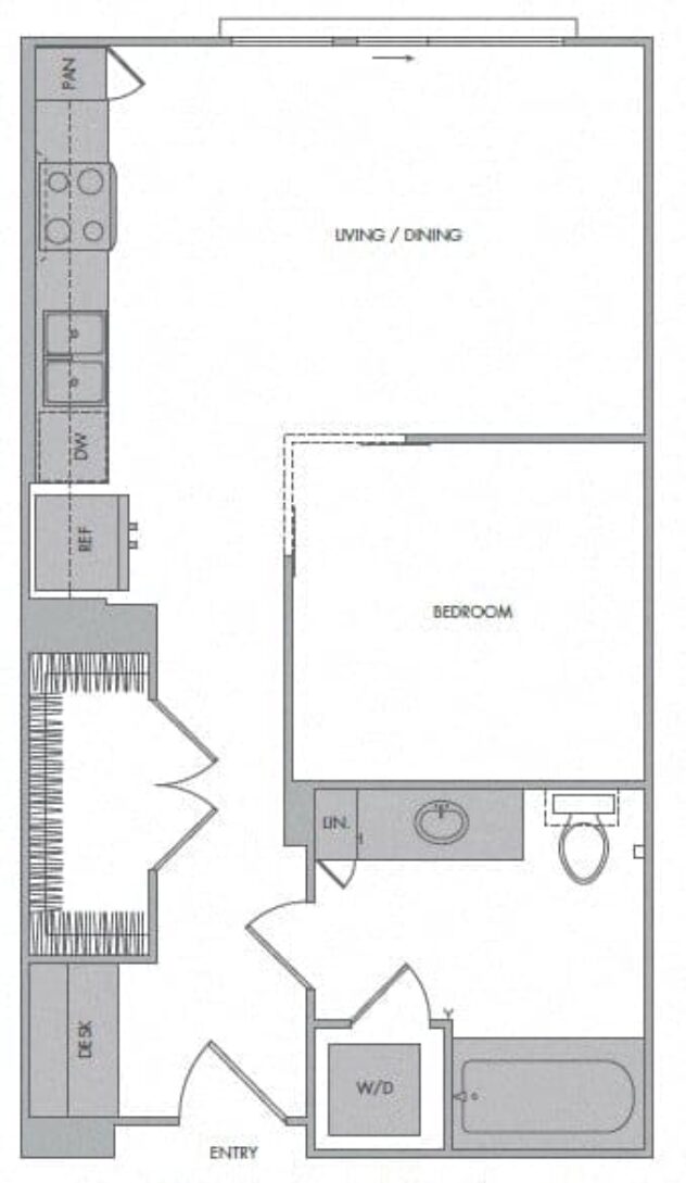 Rendering of the C floor plan with a Studio bedroom and 1 bathroom[s] at 1000 Grand by Windsor