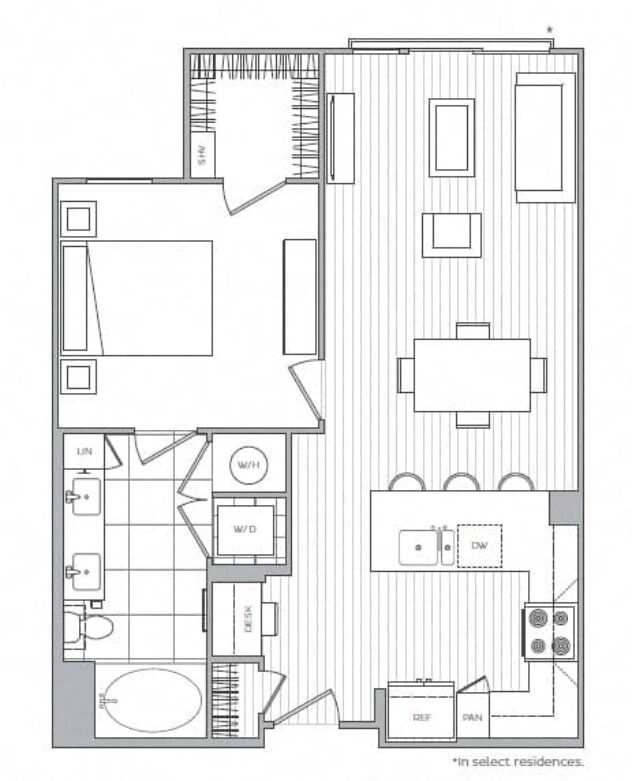 Rendering of the C floor plan with 1 bedroom[s] and 1 bathroom[s] at Windsor Mystic River