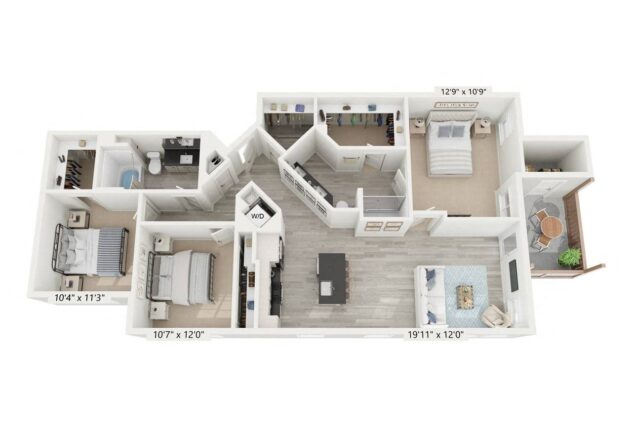 Rendering of the C1-2 floor plan with 3 bedroom[s] and 2 bathroom[s] at Windsor Rancho PQ