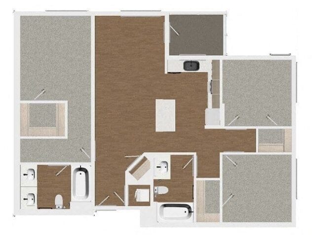 Rendering of the C1 floor plan with 3 bedroom[s] and 2 bathroom[s] at Malden Station by Windsor