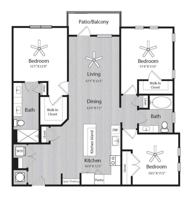 Rendering of the C1 floor plan with 3 bedroom[s] and 2 bathroom[s] at Windsor 335