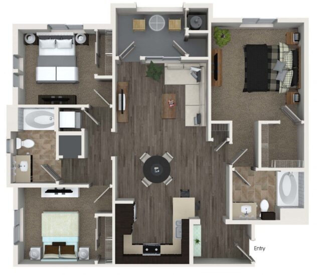 Rendering of the C1 floor plan with 3 bedroom[s] and 2 bathroom[s] at Valentia by Windsor