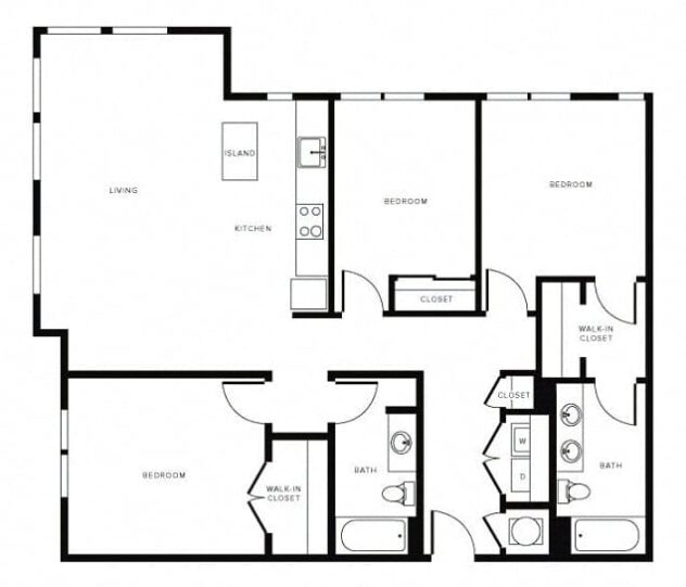 Rendering of the C1 floor plan with 3 bedroom[s] and 2 bathroom[s] at Morningside Atlanta by Windsor