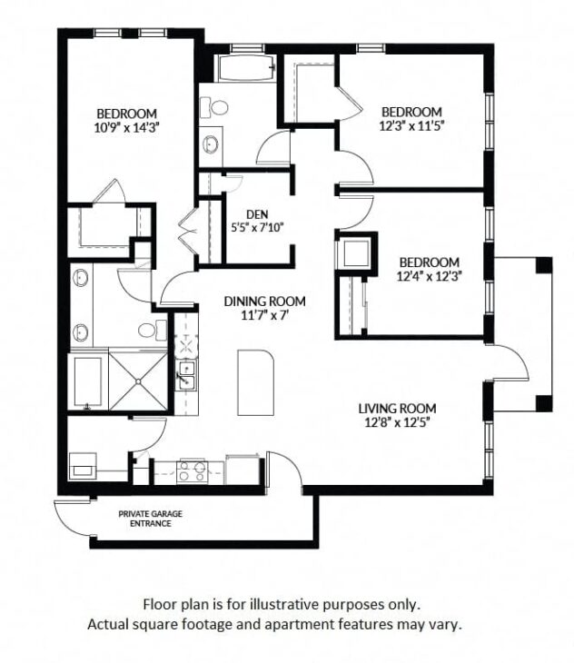 Rendering of the C1 floor plan with 3 bedroom[s] and 2 bathroom[s] at Windsor at Delray Beach