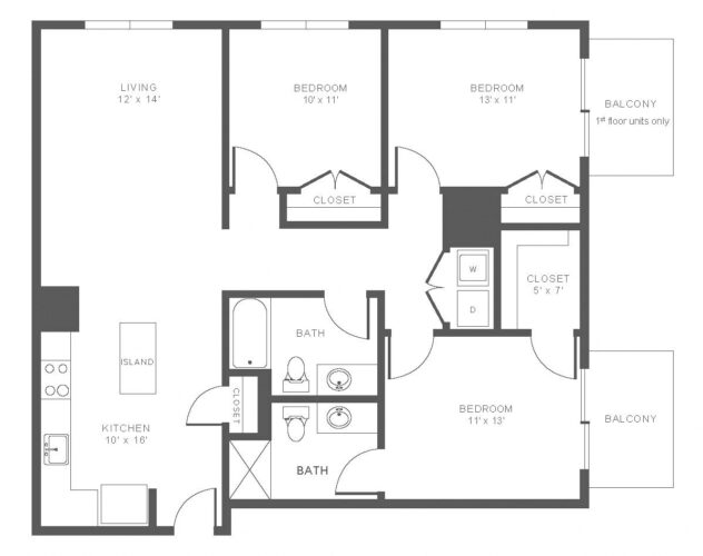 Rendering of the C1 floor plan with 3 bedroom[s] and 2 bathroom[s] at Windsor at Hopkinton