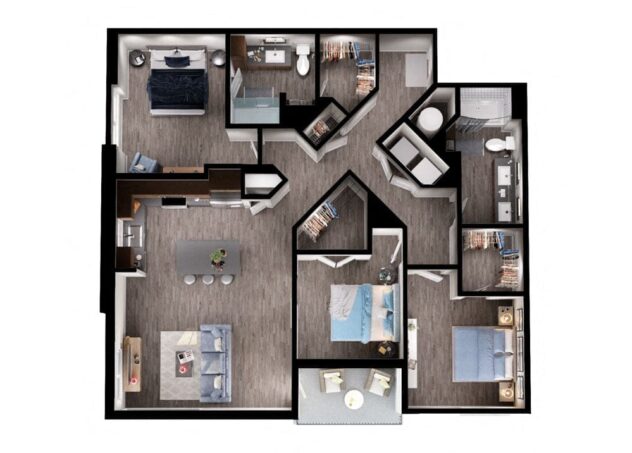 Rendering of the C1 floor plan with 3 bedroom[s] and 2 bathroom[s] at Windsor Interlock