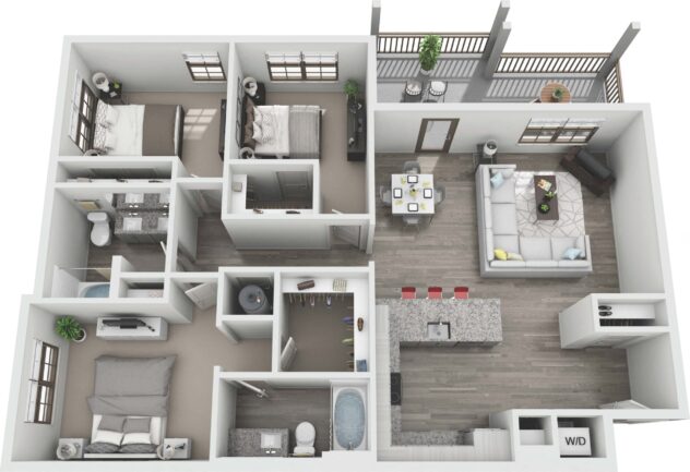 Rendering of the C1 floor plan with 3 bedroom[s] and 2 bathroom[s] at Windsor Sugarloaf