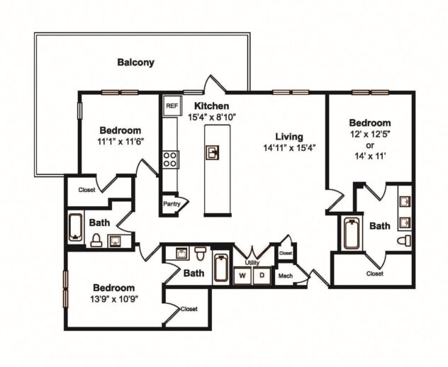 Rendering of the C1 floor plan with 3 bedroom[s] and 3 bathroom[s] at Yaupon by Windsor