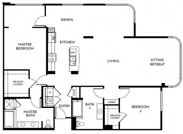 Rendering of the C1 floor plan with 2 bedroom[s] and 2 bathroom[s] at 5550 Wilshire at Miracle Mile