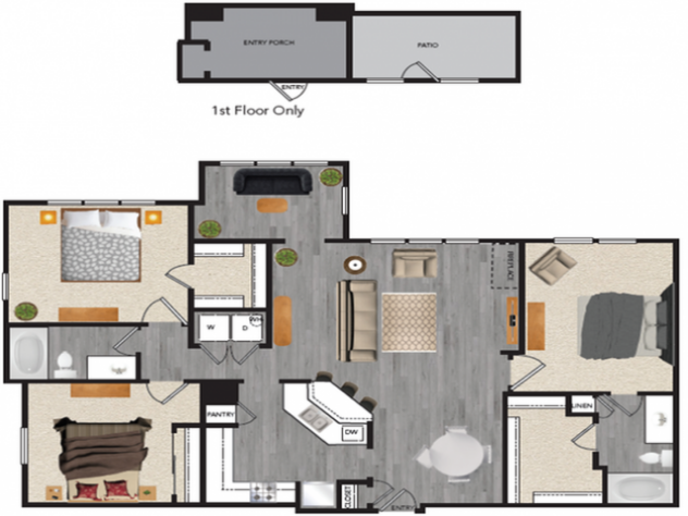 Rendering of the C1 floor plan with 3 bedroom[s] and 2 bathroom[s] at Windsor Mustang Park