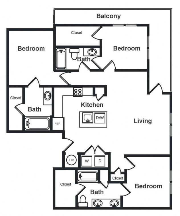 Rendering of the C1 floor plan with 3 bedroom[s] and 3 bathroom[s] at Stadium Walk By Windsor