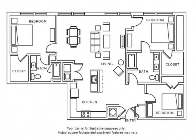 Rendering of the C1 floor plan with 3 bedroom[s] and 2 bathroom[s] at Windsor Parkview