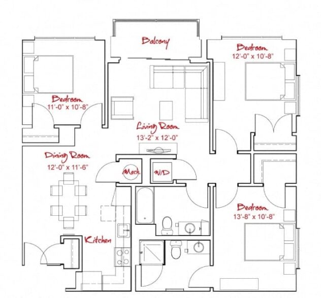 Rendering of the C1 floor plan with 3 bedroom[s] and 2 bathroom[s] at Windsor at Maxwells Green