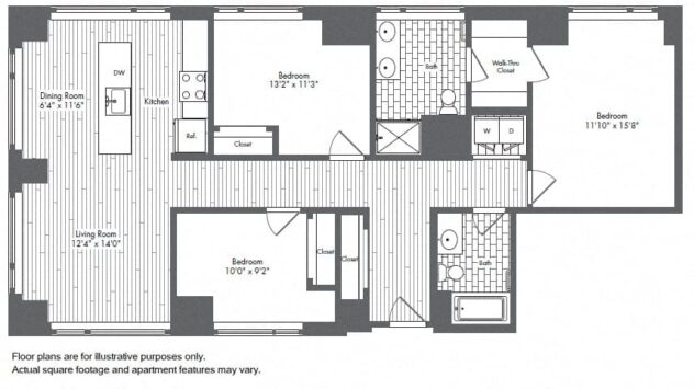 Rendering of the C1 floor plan with 3 bedroom[s] and 2 bathroom[s] at Waterside Place by Windsor