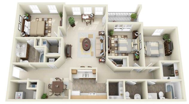 Rendering of the C1 floor plan with 3 bedroom[s] and 2.5 bathroom[s] at Windsor Johns Creek