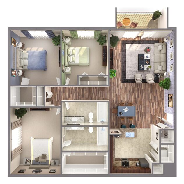 Rendering of the C1 floor plan with 3 bedroom[s] and 2 bathroom[s] at Windsor Biscayne Shores