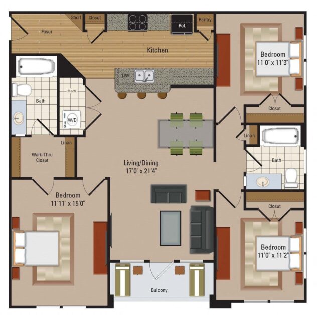 Rendering of the C1 floor plan with 3 bedroom[s] and 2 bathroom[s] at Windsor Leesburg