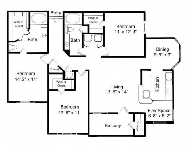 Rendering of the C1 - Hartwood floor plan with 3 bedroom[s] and 2 bathroom[s] at Windsor Vinings