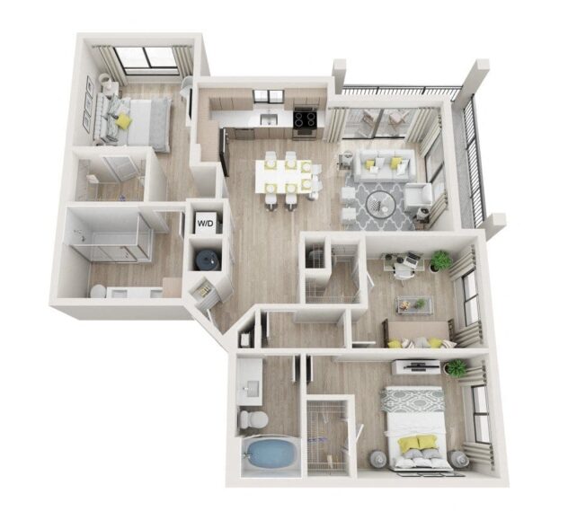 Rendering of the C1 - Vibrant floor plan with 3 bedroom[s] and 2 bathroom[s] at Windsor Ludlam Trail