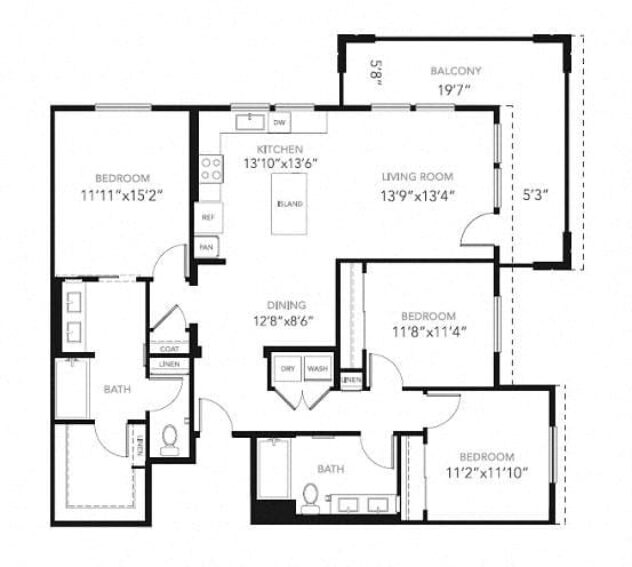 Rendering of the C1-W floor plan with 3 bedroom[s] and 2 bathroom[s] at Blu Harbor by Windsor