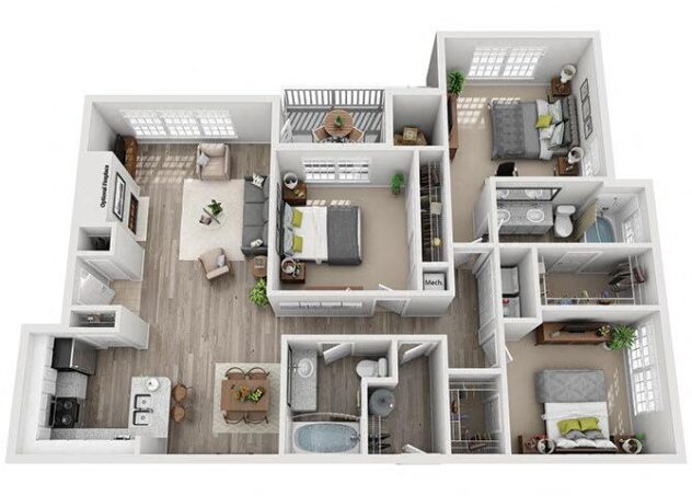 Rendering of the C2 floor plan with 3 bedroom[s] and 2 bathroom[s] at Windsor Addison Park