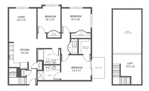 Rendering of the C2 floor plan with 3 bedroom[s] and 2 bathroom[s] at Windsor at Hopkinton