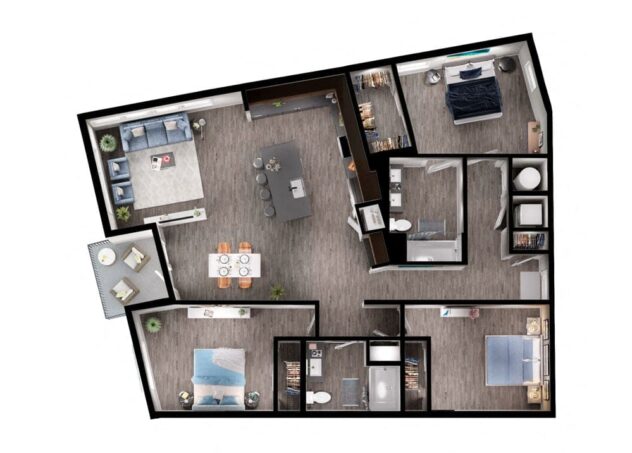 Rendering of the C2 floor plan with 3 bedroom[s] and 2 bathroom[s] at Windsor Interlock