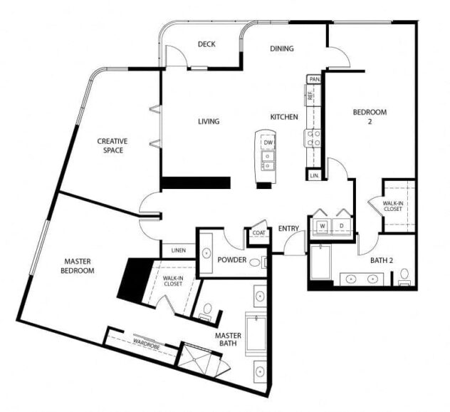 Rendering of the C2 floor plan with 2 bedroom[s] and 2 bathroom[s] at 5550 Wilshire at Miracle Mile