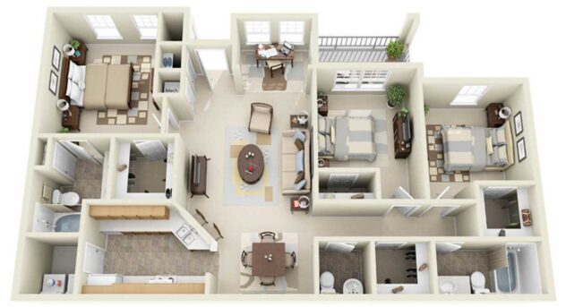 Rendering of the C2 floor plan with 3 bedroom[s] and 2.5 bathroom[s] at Windsor Johns Creek