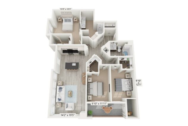 Rendering of the C2-3 floor plan with 3 bedroom[s] and 2 bathroom[s] at Windsor Rancho PQ