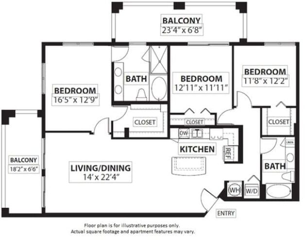 Rendering of the C2 3 Bed 2 Bath floor plan with 3 bedroom[s] and 2 bathroom[s] at Windsor at Doral