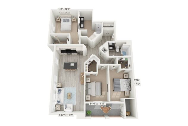 Rendering of the C2 floor plan with 3 bedroom[s] and 2 bathroom[s] at Windsor Rancho PQ