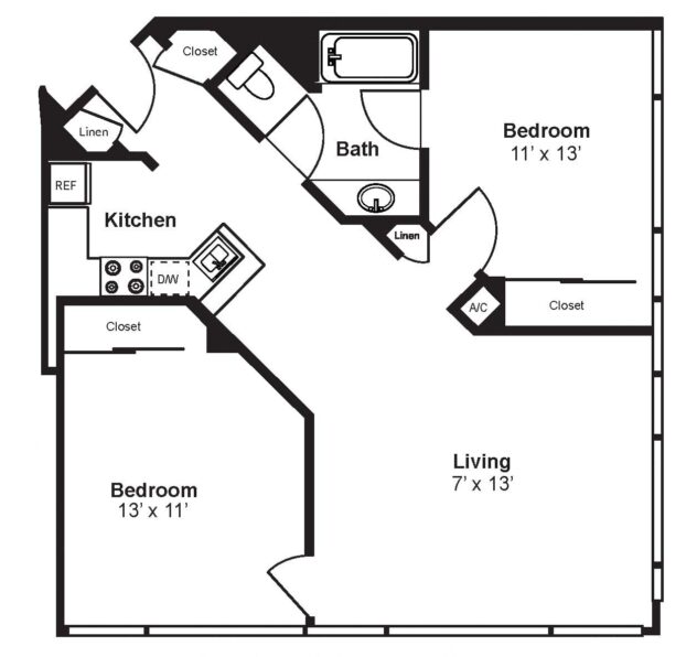 Rendering of the C3 floor plan with 2 bedroom[s] and 1 bathroom[s] at Renaissance Tower