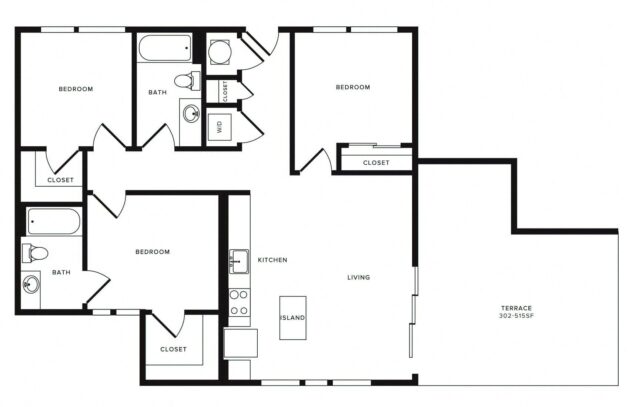 Rendering of the C3c floor plan with 3 bedroom[s] and 2 bathroom[s] at Morningside Atlanta by Windsor