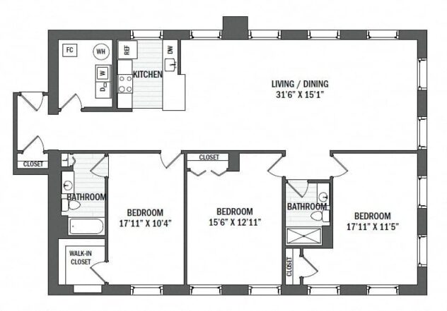 Rendering of the C4 - Mill floor plan with 3 bedroom[s] and 2 bathroom[s] at Windsor Radio Factory