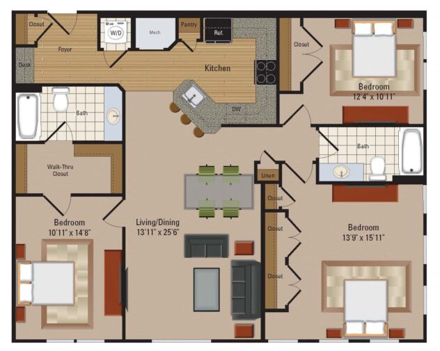 Rendering of the C6 floor plan with 3 bedroom[s] and 2 bathroom[s] at Windsor Leesburg