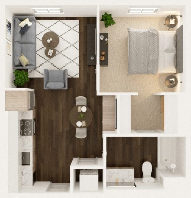 Rendering of the Canyon floor plan with 1 bedroom[s] and 1 bathroom[s] at Windsor Totem Lake