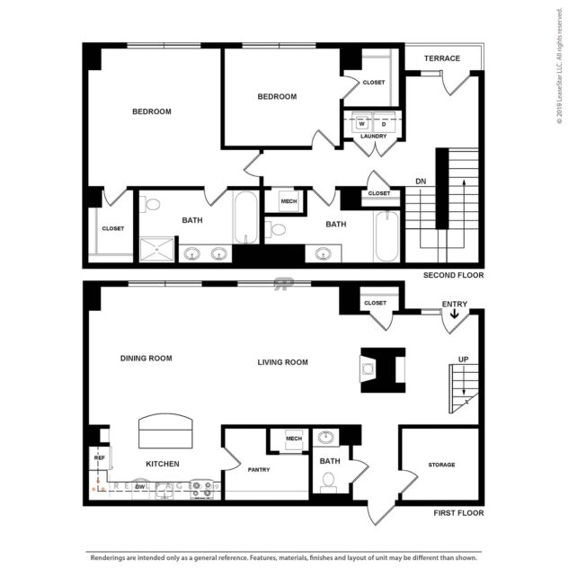 Rendering of the Carlyle floor plan with 2 bedroom[s] and 2.5 bathroom[s] at The Manhattan by Windsor