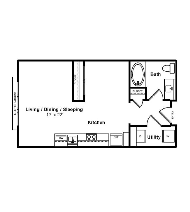 Rendering of the Carmel Loft floor plan with a Studio bedroom and 1 bathroom[s] at The Monterey by Windsor