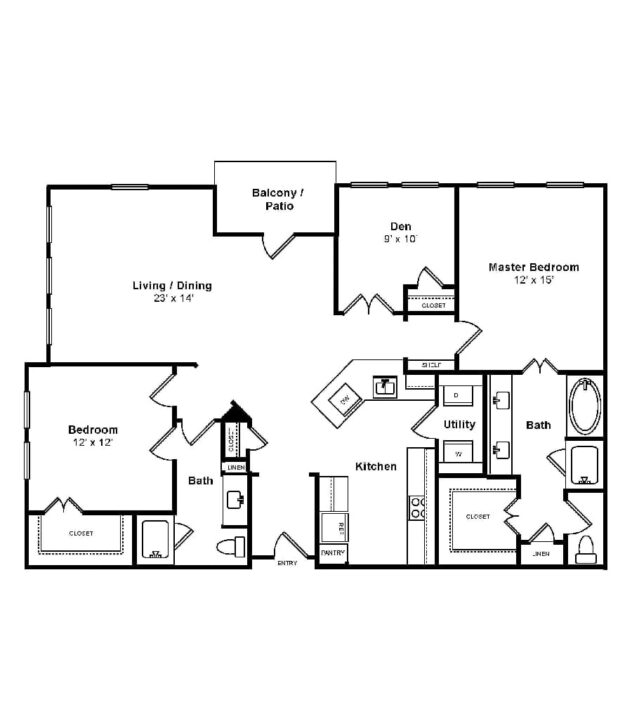 Rendering of the Casita floor plan with 2 bedroom[s] and 2 bathroom[s] at The Monterey by Windsor