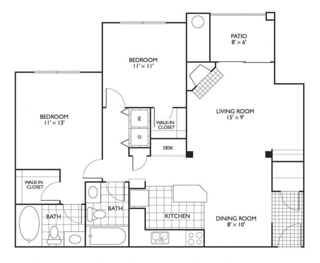 Rendering of the Chamberlain floor plan with 2 bedroom[s] and 2 bathroom[s] at Reflections by Windsor