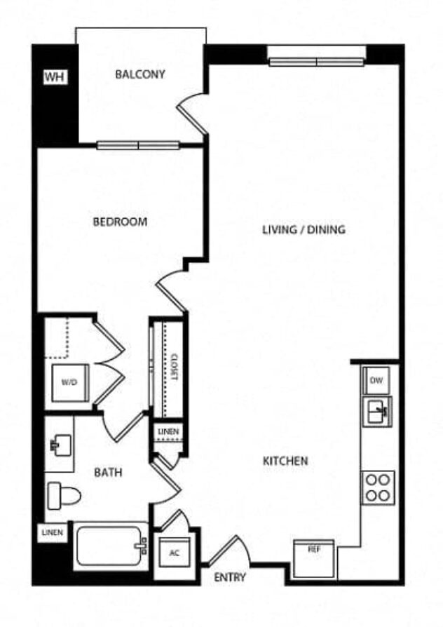 Rendering of the Coast floor plan with 1 bedroom[s] and 1 bathroom[s] at Boardwalk by Windsor