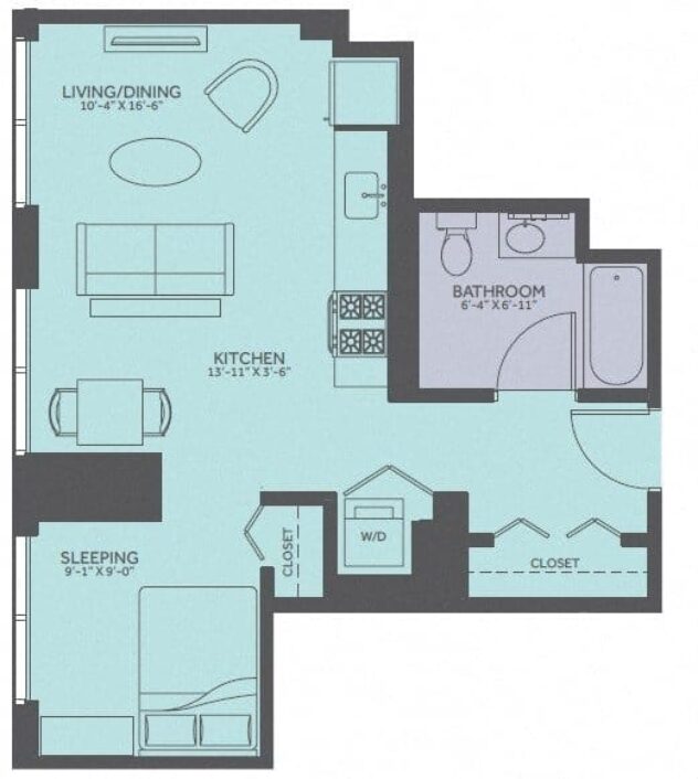 Rendering of the Convertible 05-Tower floor plan with a Studio bedroom and 1 bathroom[s] at Moment