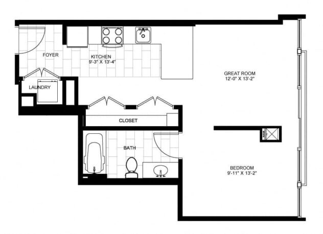 Rendering of the Convertible floor plan with 1 bedroom[s] and 1 bathroom[s] at Flair Tower