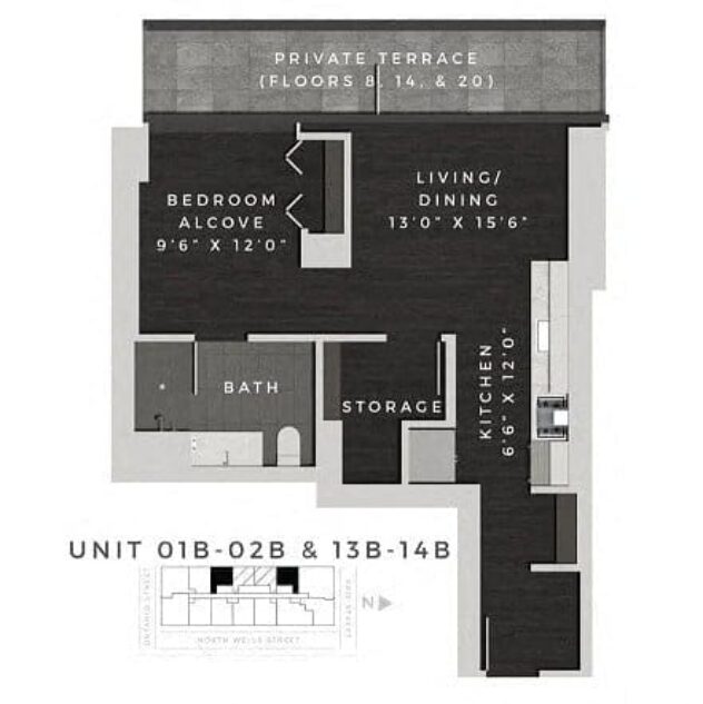 Rendering of the Convertible One Bedroom C floor plan with a Studio bedroom and 1 bathroom[s] at 640 North Wells