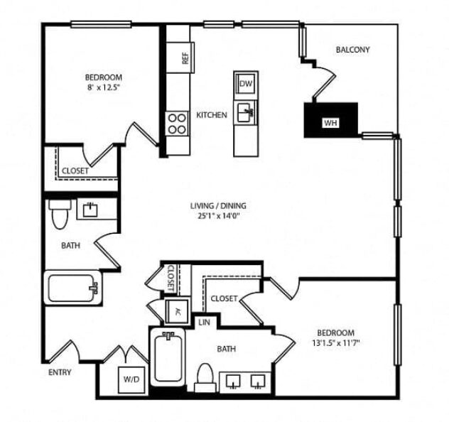 Rendering of the Coral floor plan with 2 bedroom[s] and 2 bathroom[s] at Boardwalk by Windsor